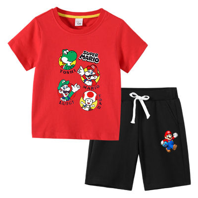 Super Mario Bros ชุดเสื้อยืดแขนลำลองขาสั้นกางเกงขาสั้นสไตล์เกาหลีเสื้อยืดฤดูร้อนชุดเด็กชายเด็กหญิงเด็กรูปตัวการ์ตูนใหม่2ชิ้น0000แฟชั่นผ้าฝ้าย