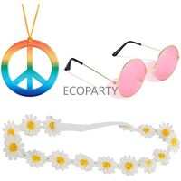 Hippie Costume Accessory-70S Hippie Sunglasses, Rainbow Peace Sign Necklace, Flower Crown Headband For Women (3PCS)