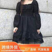 Lolita ชุดเดรสลูกไม้สีดำสำหรับผู้หญิงกระโปรงคอเหลี่ยมแขนยาวใส่เห็ดโคนสำหรับคนตัวเล็กใส่เกลือและหวานแบบใหม่ต้นฤดูใบไม้ร่วง ~