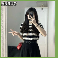 ANRUO เสื้อยืดถักลายทางสีดำและสีขาวสำหรับผู้หญิง,เสื้อยืดแขนสั้น2023ฤดูร้อนเสื้อทรงหลวมฉบับภาษาเกาหลีแบบบางคอกลมนักเรียนเข้ากับทุกชุด