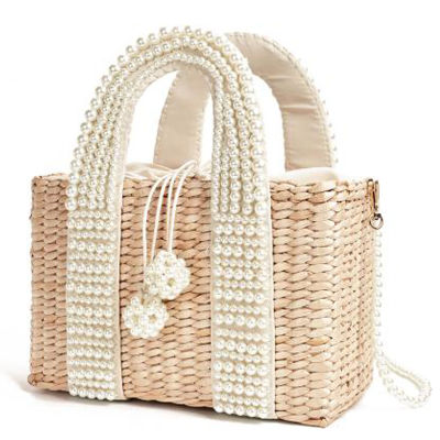 New Womens Bag with Pearl Ladies Tote Crossbody Handbags Handmade Straw Basket Messenger Bag for Vacation Banquet Life