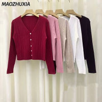 MAOZHUXIA เสื้อยืดคาร์ดิแกนคอวีแขนยาวสำหรับผู้หญิง,เสื้อแจ็คเก็ตคาร์ดิแกนคอวีเสื้อสีทึบ