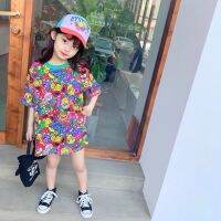 Ready Stock Promotion Girls Short-Sleeved T-Shirt Baby Girl Dress Cute Cartoon Pattern Children Mid-Length One-Piece