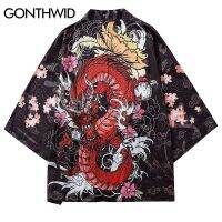 GONTHWID Harajuku Dragon Cherry Blossoms Flowers Print Kimono Cardigan Haori Jackets Streetwear Japanese Style Open Front Coats