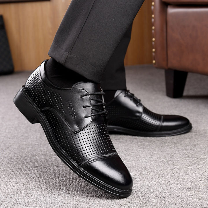 รองเท้าคัทชูหนังแท้-100-ข้าราชการ-ตำรวจ-ทหาร-นักเรียน-สีดำ-ผูกเชือก-นุ่มเท้ามาก-รองเท้าระบายอากาศกลวง