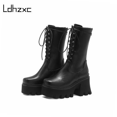 LDHZXC Women Mid-calf Boots Round Toe Thick High Heel Platform Shoes Soft Pu Leather Punk Female Motorcycle Boots Size 34-44