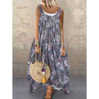 【cw】ZC-708 Europe and America Cross Border New Womens Clothing Loose Vacation Style Printed Skirt Sleeveless Dress ！