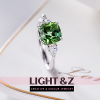 LIGHT &amp; Z แหวนผู้หญิงสไตล์เกาหลีเครื่องประดับทัวร์มาลีนธรรมชาติสีเขียวอารมณ์สี่เหลี่ยม