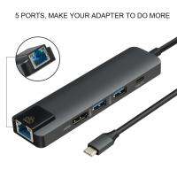 5 In 1 USB C Hub Multiport Adapter, Type C เป็น HDMI 4K USB3.0/RJ45/PD3.0 Ports Hub Converter