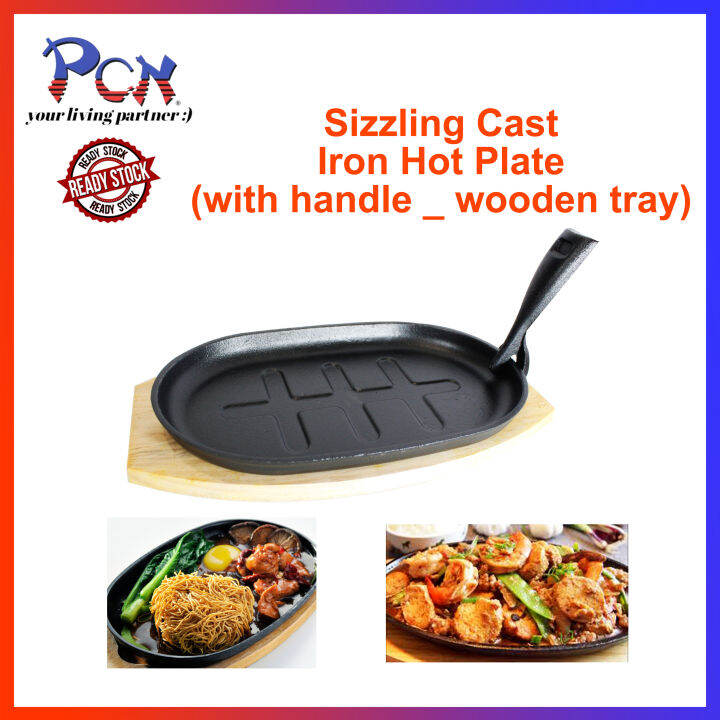 Sizzling Cast Iron Hot Plate (with handle & wooden base)/ Heavy Duty
