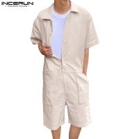 CODhuanglan212 INCERUN Mens Cargo Short Sleeve Button Up Dungarees Solid Casual Jumpsuits