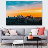 HD พิมพ์ Downtown Los Angeles ภูมิทัศน์โปสเตอร์ Sunset Skyline ภาพวาดผ้าใบ Cityscape ภาพสำหรับห้องนอนห้องนั่งเล่น Wall Art Decor