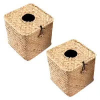 2 Pack Square Seagrass Facial Tissue Box - Decorative Woven Paper Holder Napkin Dispenser - Straw Tissue Box Cover