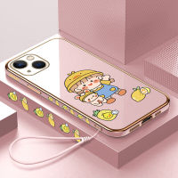 GGK เคสเคสสำหรับ Apple iPhone 15 Plus 15 Pro 15 Pro Max ฟรีสายคล้องน่ารักหมวกสีเหลืองเด็กผู้หญิงลายการ์ตูนขอบสี่เหลี่ยมเคสโทรศัพท์ชุบเคลือบหรูหราเคสโทรศัพท์นิ่ม