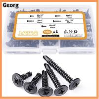 GEORG 190Pcs #8X1/2 ถึง1-1/2 ชุดแยกสกรู สีดำสีดำ เหล็กไร้สนิม สกรูโลหะแผ่น ทนทานสำหรับงานหนัก สกรูเจาะด้วยตนเอง โลหะพลาสติก