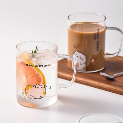 【High-end cups】 400มิลลิลิตรน่ารักการ์ตูนแมวแก้วแก้วด้วยช้อนและฝากาแฟนมชาจับถ้วยถ้วยอาหารเช้า