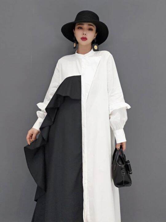 xitao-dress-asymmetrical-contrast-color-ruffles-fashion-women-shirt-dress