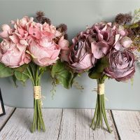 Luxury dried-looking Retro Rose Hydrangea Bouquet with fake grass silk Artificial Flowers for Wedding Decorations hand flowers