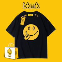 Bkmk เสื้อยืดแขนสั้นผู้ชายหน้ายิ้มแฟชั่นเสื้อยีนส์คลุมยาวแบรนด์ใหม่