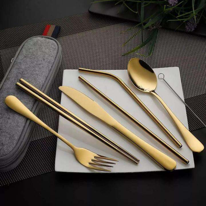 7pcs-stainless-steel-portable-tableware-set-knife-fork-spoon-chopsticks-straw-and-brush-products-travel-cutlery-set-flatware-sets