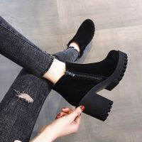 Women Autumn Winter Flock Ankle Boots Slip-on Round Toe Square Heel Solid Casual Black Camel Booties56gh