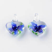 5pc  Handmade Luminous Lampwork Pendants with Inner Flower Heart Blue 28-33x22-23x11-13mm Hole: 4-6mm