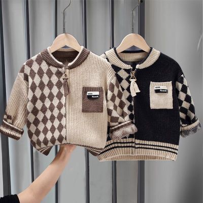 2023 Spring Casual Fashion Casual Plaid Zipper Sweater Boys and Girls Loose Casual 2 Colors Knitted Junior Cardigans Sweaters