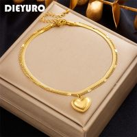 DIEYURO 316L Stainless Steel Gold Color Big Heart Charm Anklets For Women Girl New Trend 2-Layer Leg Chain Jewelry Gift Party