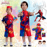 Swimming Suit for Boy Spiderman ชุดว่ายน้ำเด็กผู้ชาย สีเขียว/แดง บอดี้สูทเสื้อแขนสั้นกางเกงขาสั้น พร้อมหมวกว่ายน้ำและถุงผ้า ใส่สบาย