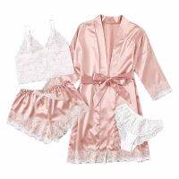 4-piece/set Summer Ice Silk Elegant Women Pajamas Set Half Sleeve Top Elastic Waist Pants Lounge Lace Patchwork Sleepwear Sets