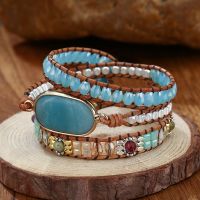 ใหม่หินอัญมณีธรรมชาติสีฟ้าขนาดใหญ่สร้อยข้อมือหนังกำไลข้อมือทอ Boho เครื่องประดับหรูหราของขวัญงานแต่งงานแบบดร็อปชิป