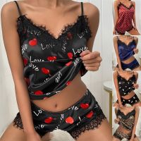 Women 39;s Sleepwear Sexy Satin Pajama Set Black Lace V-Neck Pyjamas Sleeveless Cute Cami Top and Shorts