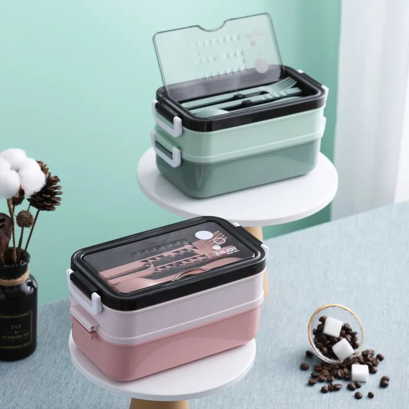  PUOENFGR Bento Lunch Box,Japanese-Style Large Capacity Double  Layer stacking,Microwave Can Be Used,Comes with Three-Piece Cutlery  Set,Adults Love It,Great for Camping,Work (Pink): Home & Kitchen