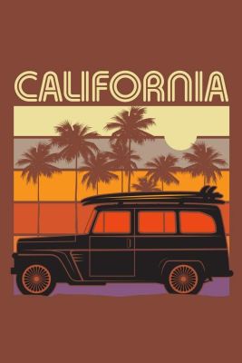 แคลิฟอร์เนียเดินทางแบบย้อนยุคพร้อม Surf รถคลาสสิกบนหลังคา Surf Ing Beach ต้นปาล์มโปสเตอร์ภาพพิมพ์ศิลปะเครื่องตกแต่งฝาผนังสุดเท่