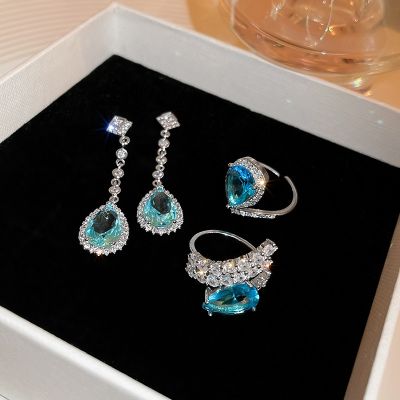 【lz】✉♀  Requintado azul zircônia cúbica conjuntos de jóias de gota de água feminino romântico brincos na moda delicado lindo anéis charme jóias