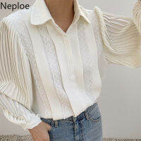 Neploe Temperament Blouses Women Korean Chic Shirts Turn-down Collar Heavy Lace Pleated Tops Mujer Lantern Sleeve Elegant Blusas