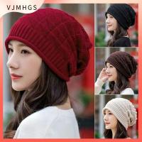 VJMHGS ถุงใส่ของ หมวกถักนิตติ้ง ขนาดใหญ่สุดไซต์ สีทึบทึบ หมวกบีนนี่ แฟชั่นสำหรับผู้หญิง ขนสัตว์หนาขึ้น หมวก skullcap ฤดูหนาวในฤดูหนาว