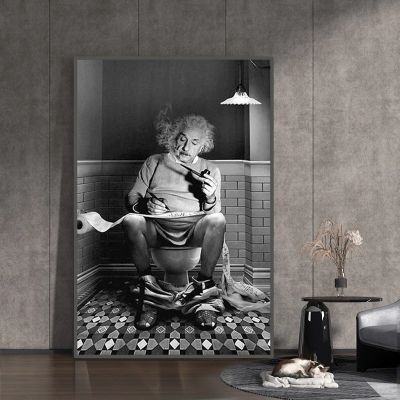Water✳Pitch Einstein นั่งอยู่บนห้องน้ำอ่านหนังสือพิมพ์โปสเตอร์สีดำขาวถ่ายภาพผ้าใบวาดภาพรูปภาพศิลปะผนังตกแต่งห้องนั่งเล่น