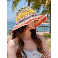 Handmade Fisherman Hat For Women Foldable Bohemian Beach Rainbow Colored Block Sun Showing Face Small Tidal Basin Hat