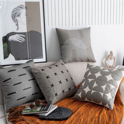 [COD] luxury gray pu leather pillowcase waist living room model cushion imitation wholesale