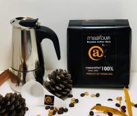 หม้อต้มกาแฟ moka pot 4 cup/ช้อนตวงกาแฟ/กาแฟคั่วบดคั่วเข้ม 500g.