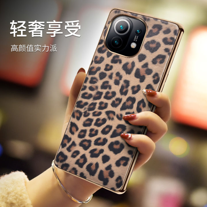 fashion-leopard-print-leather-single-bottom-plating-shell-for-xiaomi-11-mi-11-mi11-thin-mobile-phone-protective-case-cover