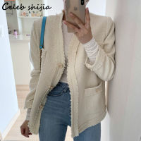 SHIJIA Elegant Tweed Jacket Woman Autumn Winter Single Breasted V-neck Cropped Jacket Female Fall New Full Sleeve Business Coat