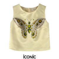 iCONiC BIG YELLOW BUTTERFLY PAINTING TOP #5304 เสื้อแขนกุด ผ้าไหม พิมพ์ลาย ดอกไม้ อก34" ยาว18" เอว33" เสื้อผญ เสื้อแฟชั่น เสื้อไฮโซ เสื้อผ้าไหม เสื้อครอป