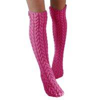 Limited Time Discounts Female Knee-High Stockings, Solid Color Twisted Knitted Stocking Winter Socks For S, Green/Rose Red/Beige