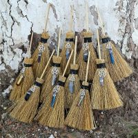 Wicca Celtic Pentagram Mini Broom Straw Hanging Decorations for Halloween Party Costume Witch Broom Irregular Raw Crystal Broom