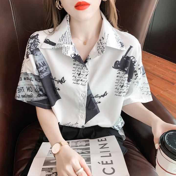 เสื้อสุภาพสตรีพิมพ์-2023-ฤดูร้อนสไตล์ฮ่องกงใหม่วินเทจด้านบนผู้หญิงออกแบบความรู้สึกเฉพาะกลุ่มหลวมแขนสั้นเสื้อ