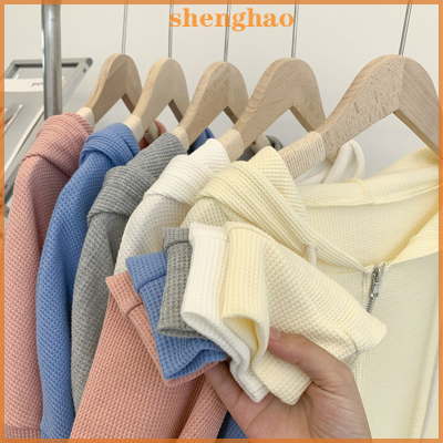 shenghao เสื้อโค้ทมีฮู้ดวาฟเฟิลสำหรับผู้หญิงเสื้อสเวตเชิ้ตแขนยาวทรงหลวมลำลองสีพื้นแฟชั่นฤดูใบไม้ร่วง