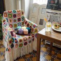 Handmade mixcolour Granny square Crochet Tassels blanket Afghan sofa Throw with tassels cushion felt pastoral style