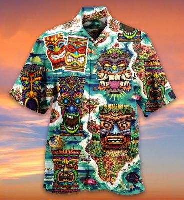 เสื้อฮาวายผู้ชายลาย Goblin Mayan ฤดูร้อนแขนสั้นเสื้อเชิ้ตผู้ชายย้อนยุคลำลองแฟชั่นสตรีทแวร์เสื้อ3d หัวกะโหลก